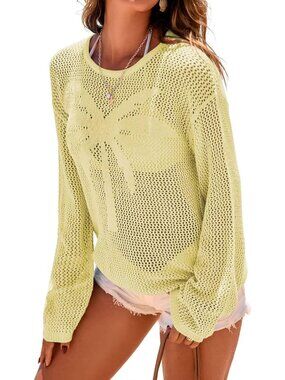 Women's Yellow Hollow Long Sleeve Casual Crewneck Pullover Shirt Beach Cover Up